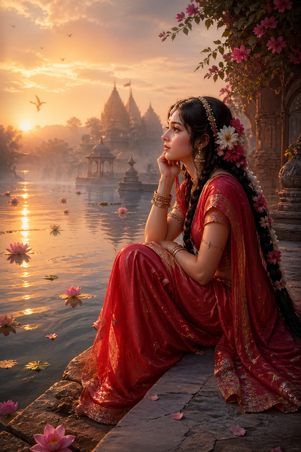 Radha Rani by Yamuna river at dawn with longing expression morning mist lotus flowers and distant temple — cinematic HD wallpaper
